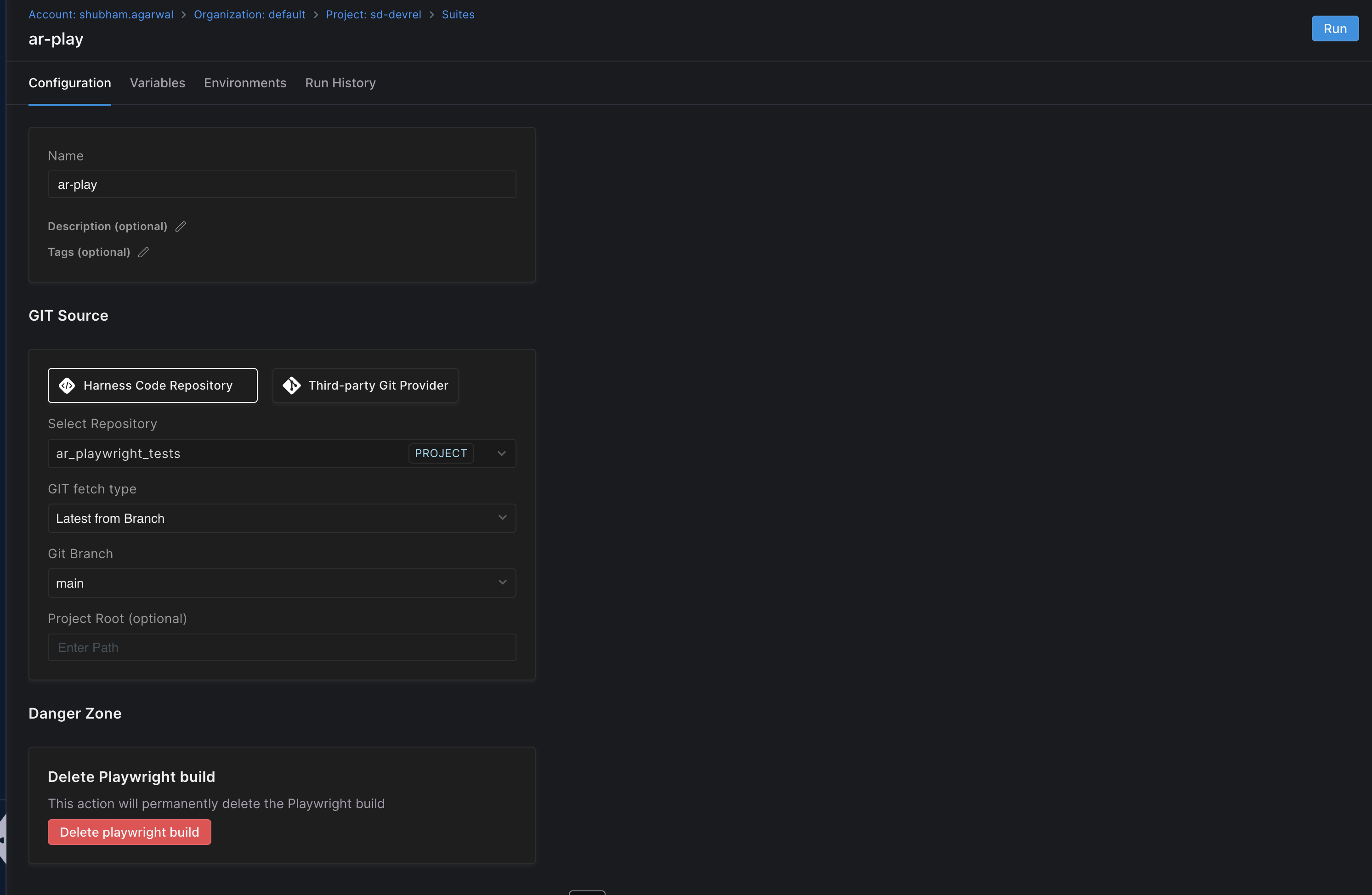 Playwright suite Configuration tab with General information, GIT Source, and delete action