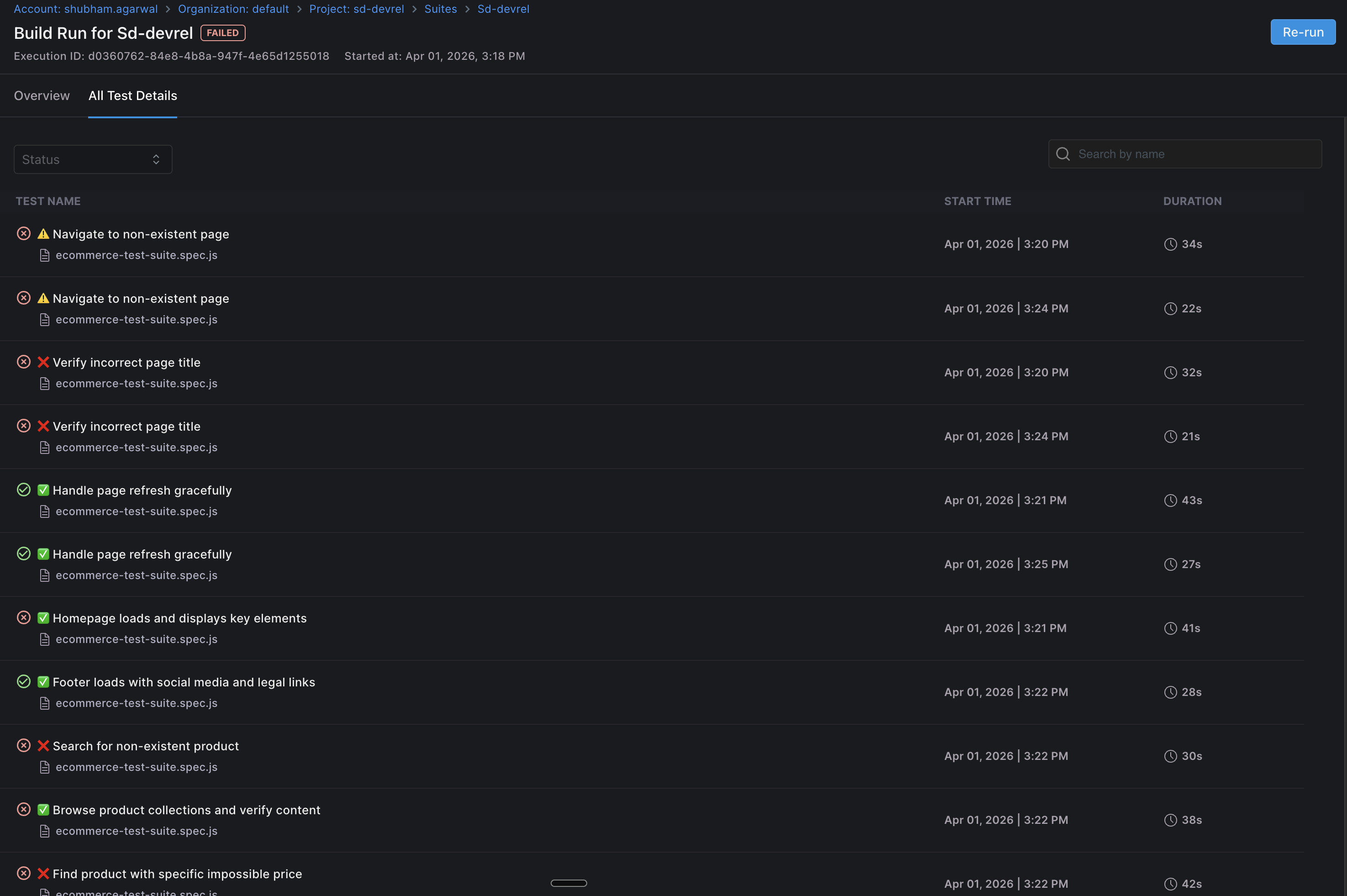 All Test Details tab listing individual Playwright tests with file and duration