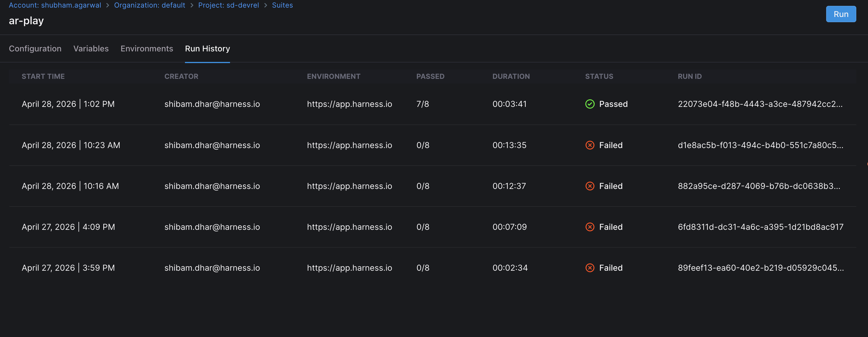 Playwright suite Run History tab listing past runs with status and duration