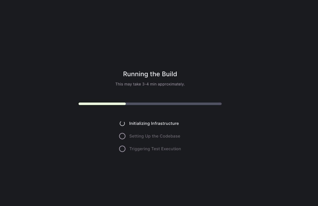 Running progress with phases for infrastructure, codebase, and test execution