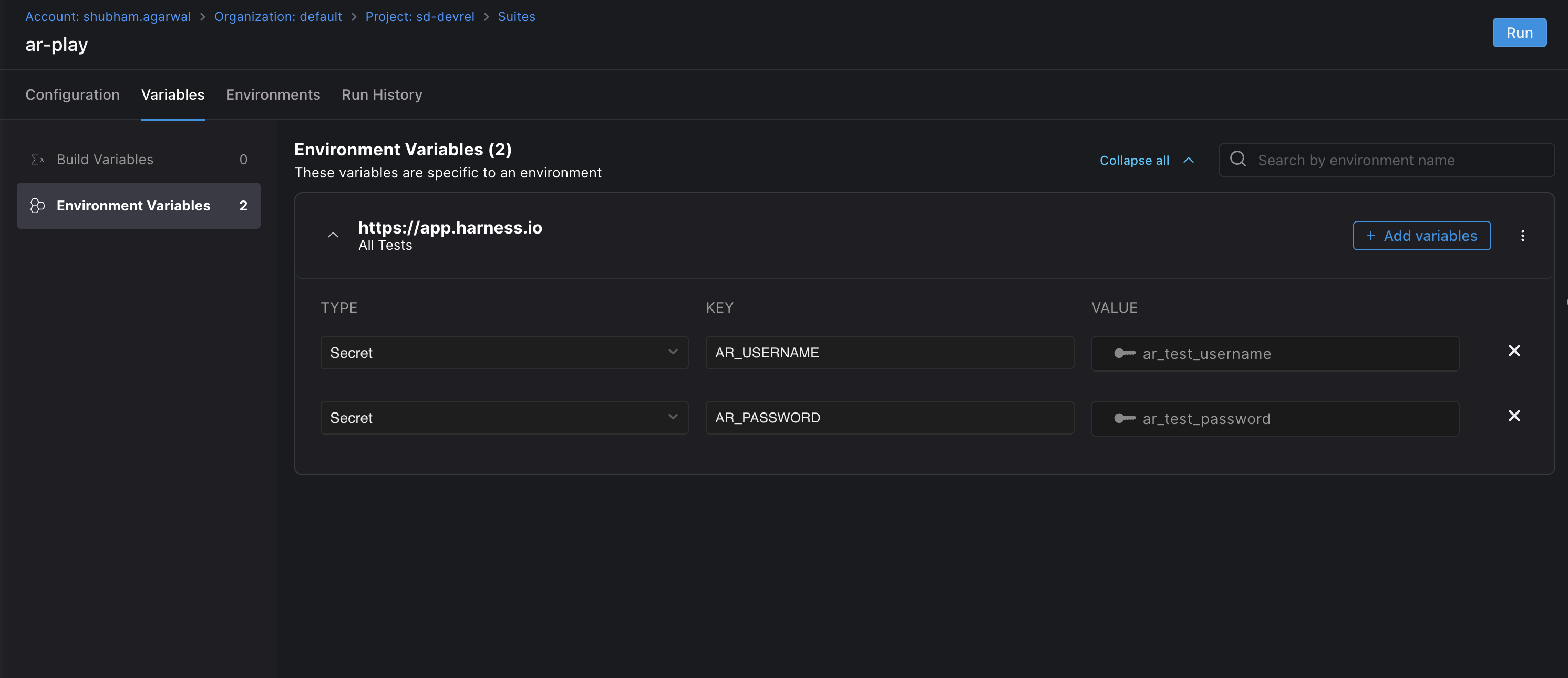 Playwright suite Variables tab with Build variables selected and add variables control