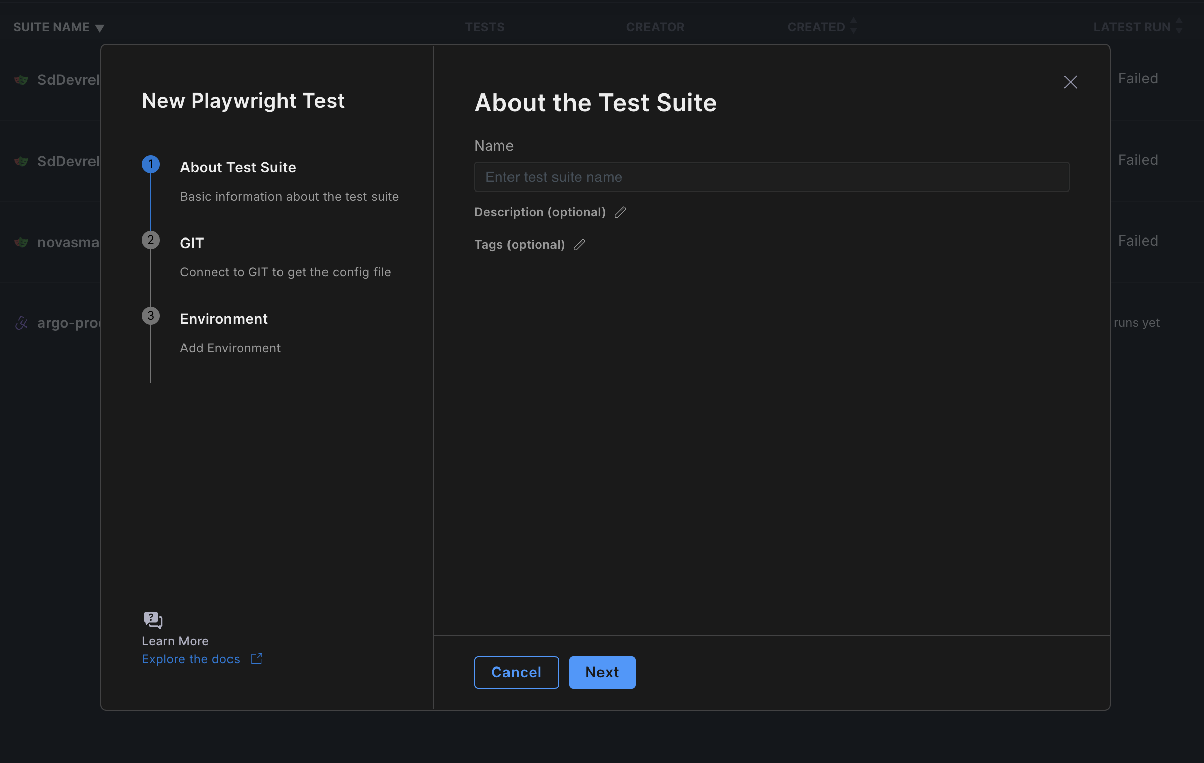 New Playwright Test wizard step About the Test Suite with name field and the three-step rail (About Test Suite, GIT, Environment)