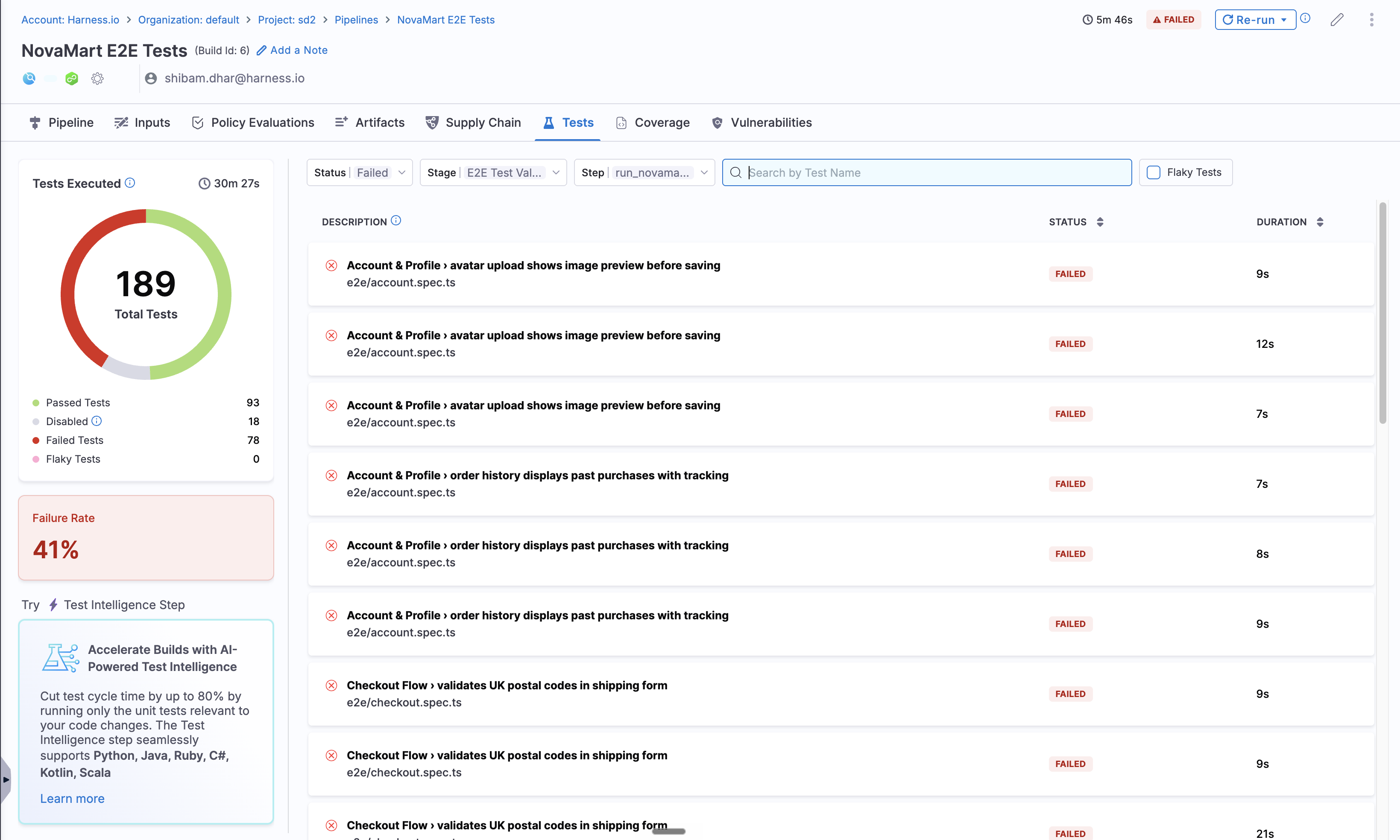 CI build Tests tab showing Playwright test results with pass, fail, and flaky counts