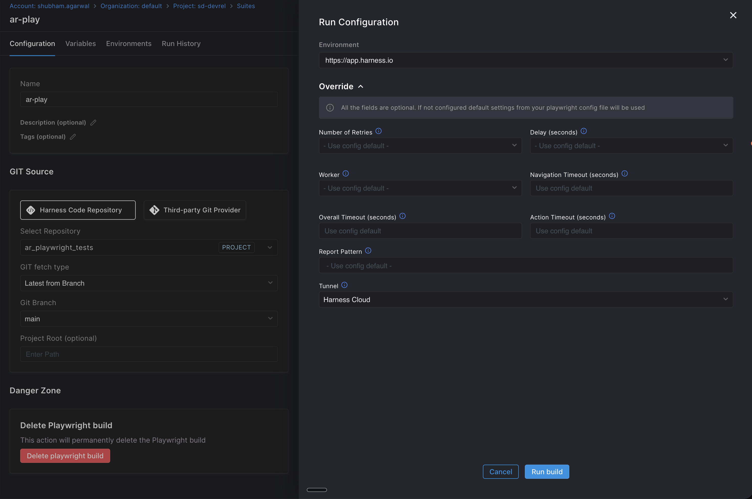 Run Configuration modal with environment, optional Playwright overrides, and Run button