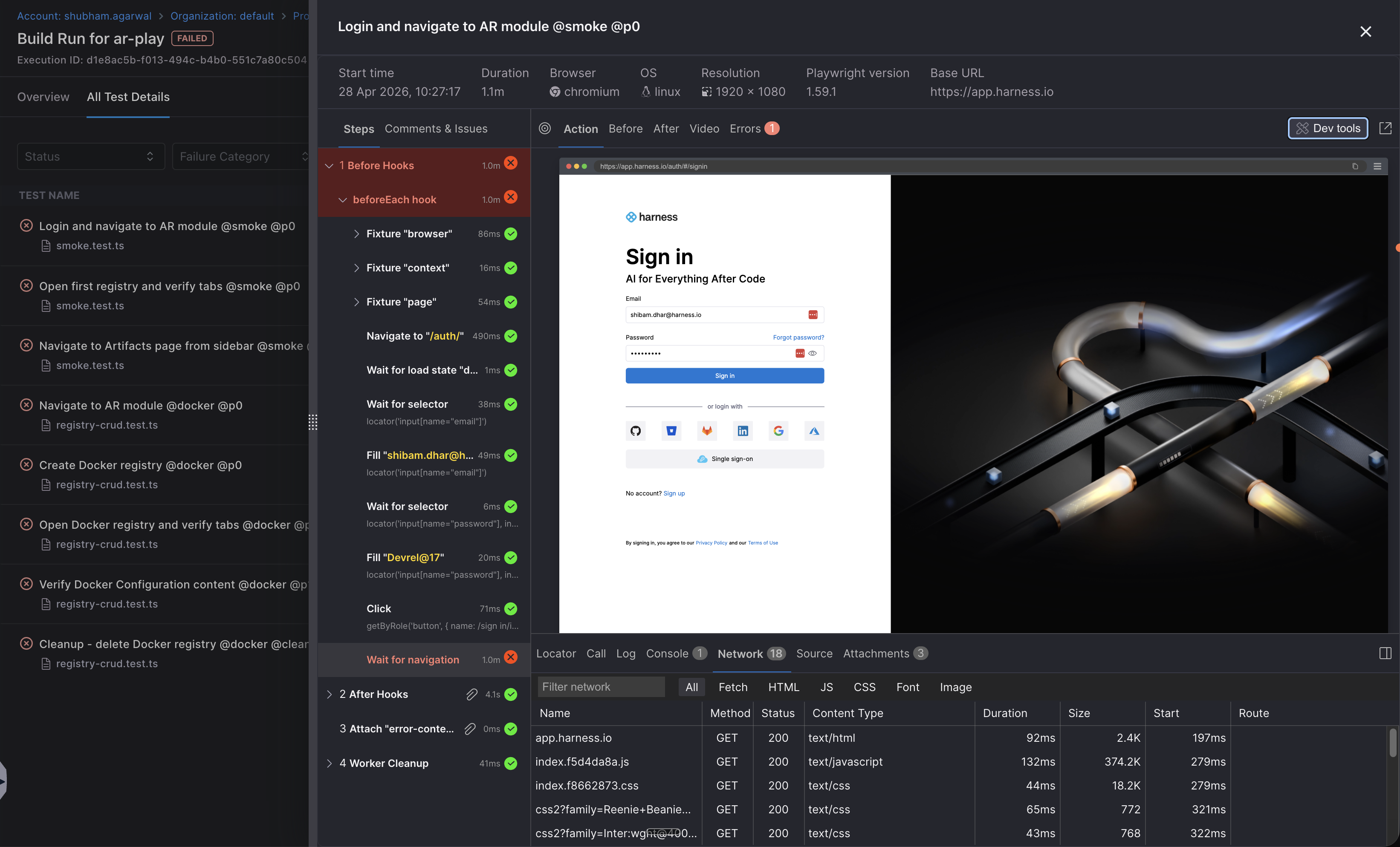 Per-test detail panel with the Steps tab selected, the execution tree on the left, the Sign in action snapshot on the right, the Action / Before / After / Video / Errors toolbar at the top, and the Dev tools Network panel open at the bottom