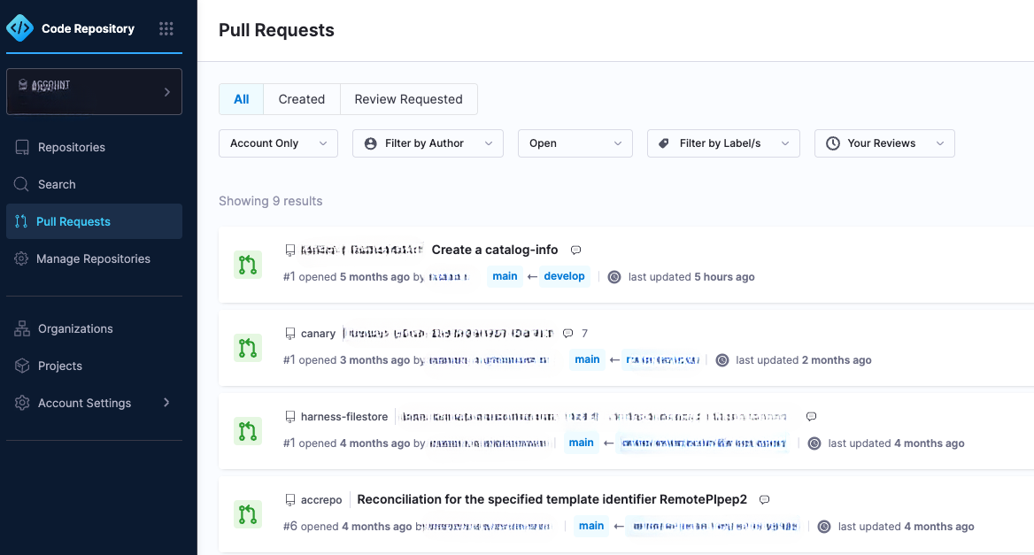 PR Dashboard showing pull requests filtered by scope and review status