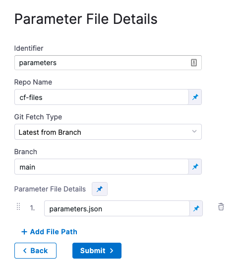 CloudFormation parameter file configuration showing Git connector, repository details, and file paths