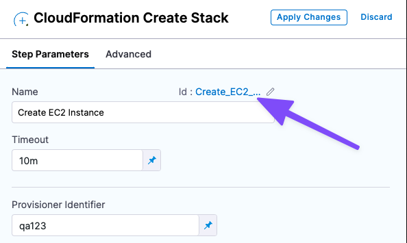 Create Stack step showing the step ID field
