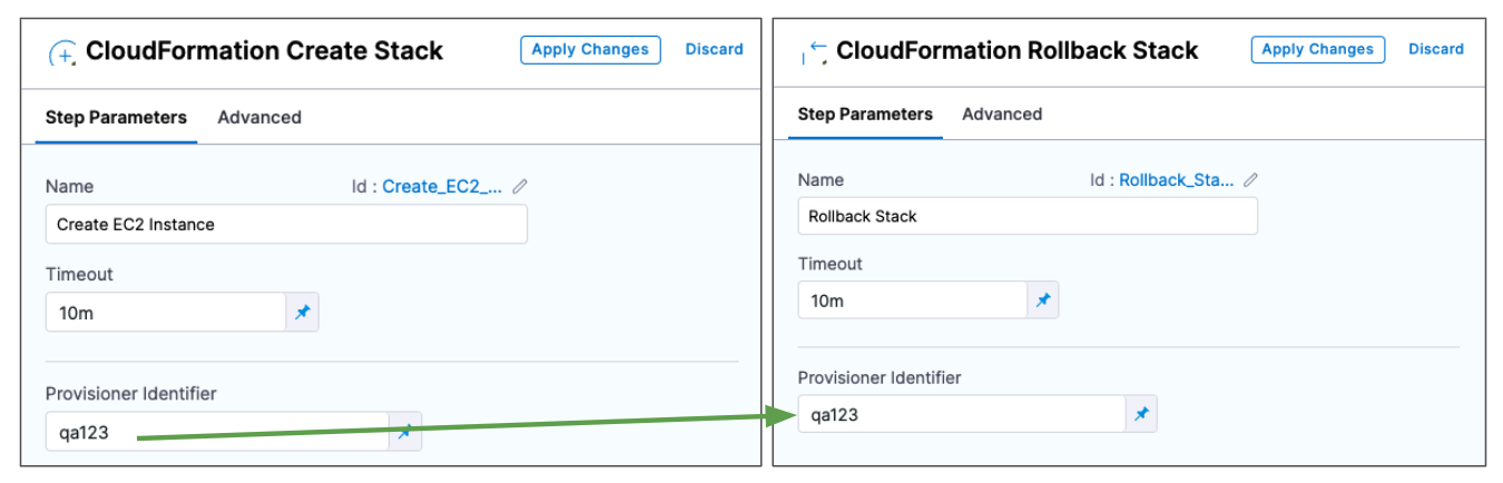Provisioner Identifier field in Create Stack step and matching identifier in Rollback Stack step