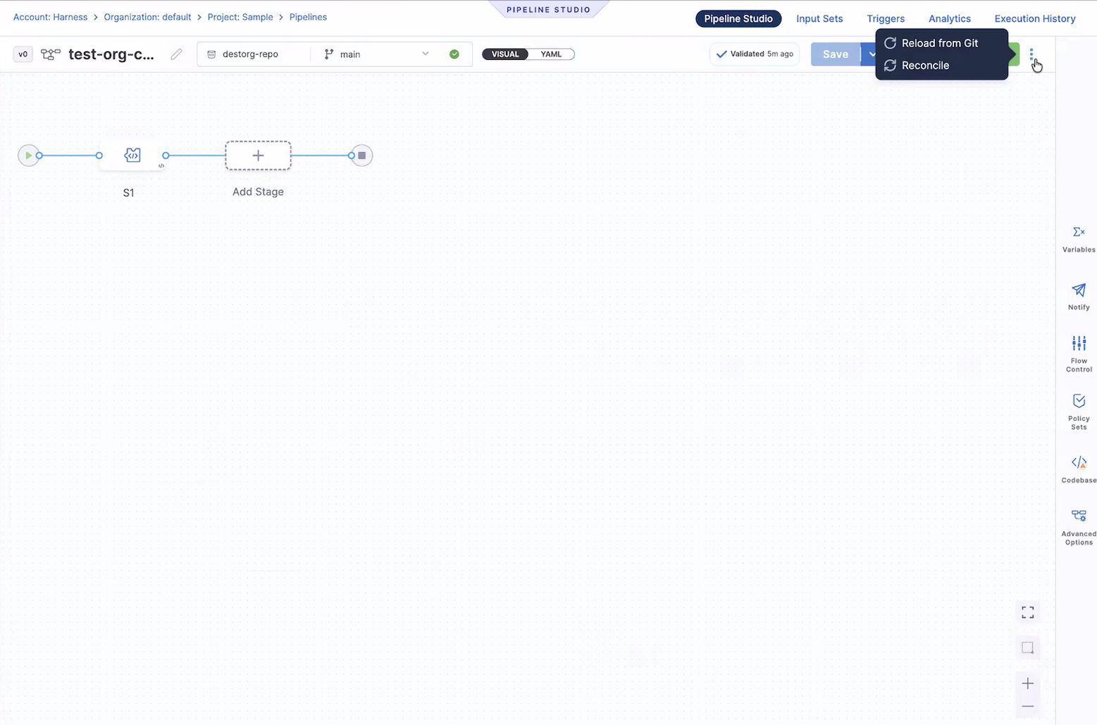 Reload from Git option in the more options menu of the pipeline studio