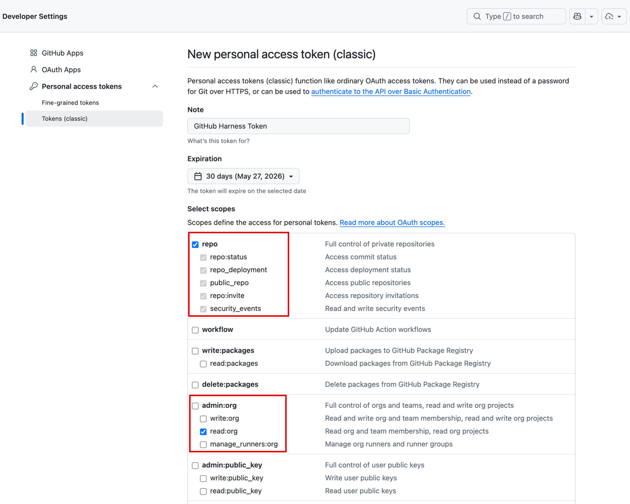 Classic PAT scope selection with repo and read checked