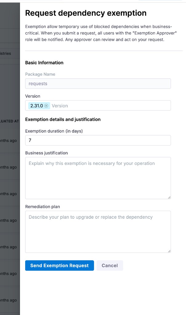 Request dependency exemption slide-out with Package Name, Version, Exemption duration, Business justification, and Remediation plan fields