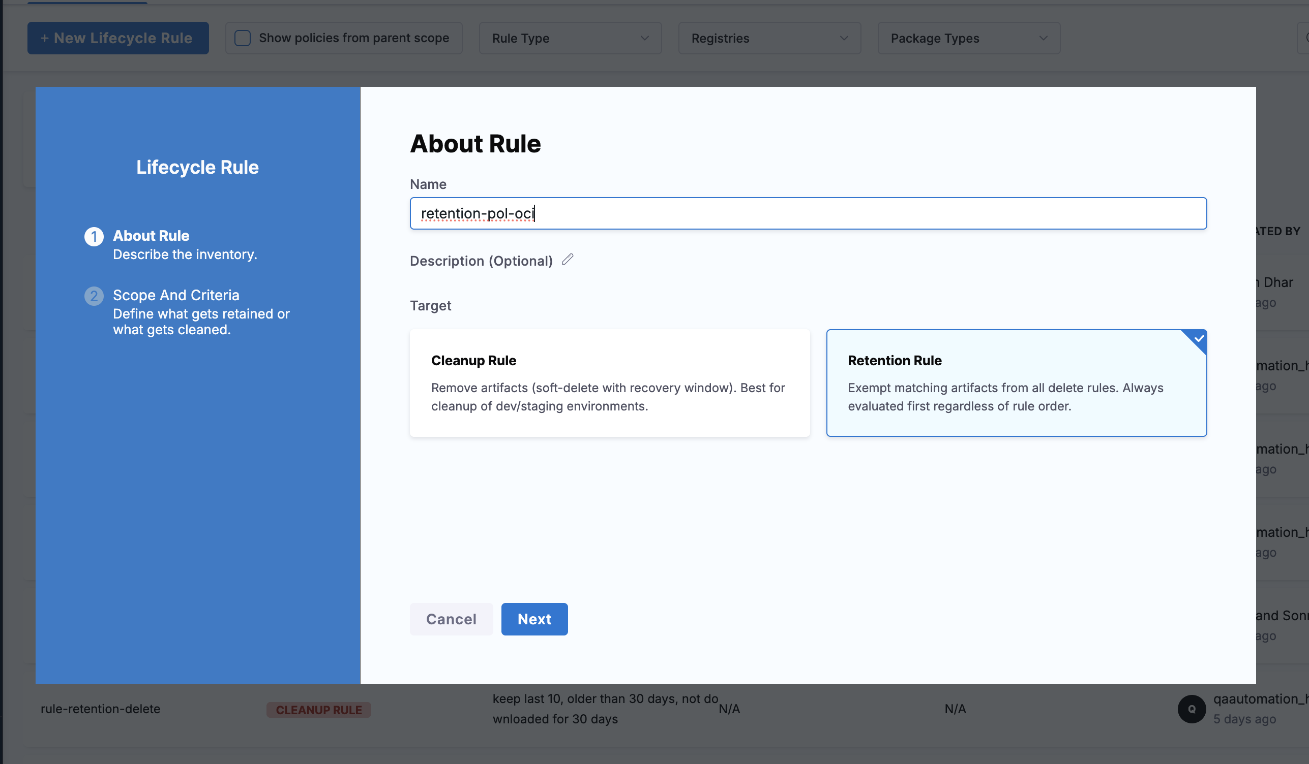 About Rule step with Retention Rule selected as the target