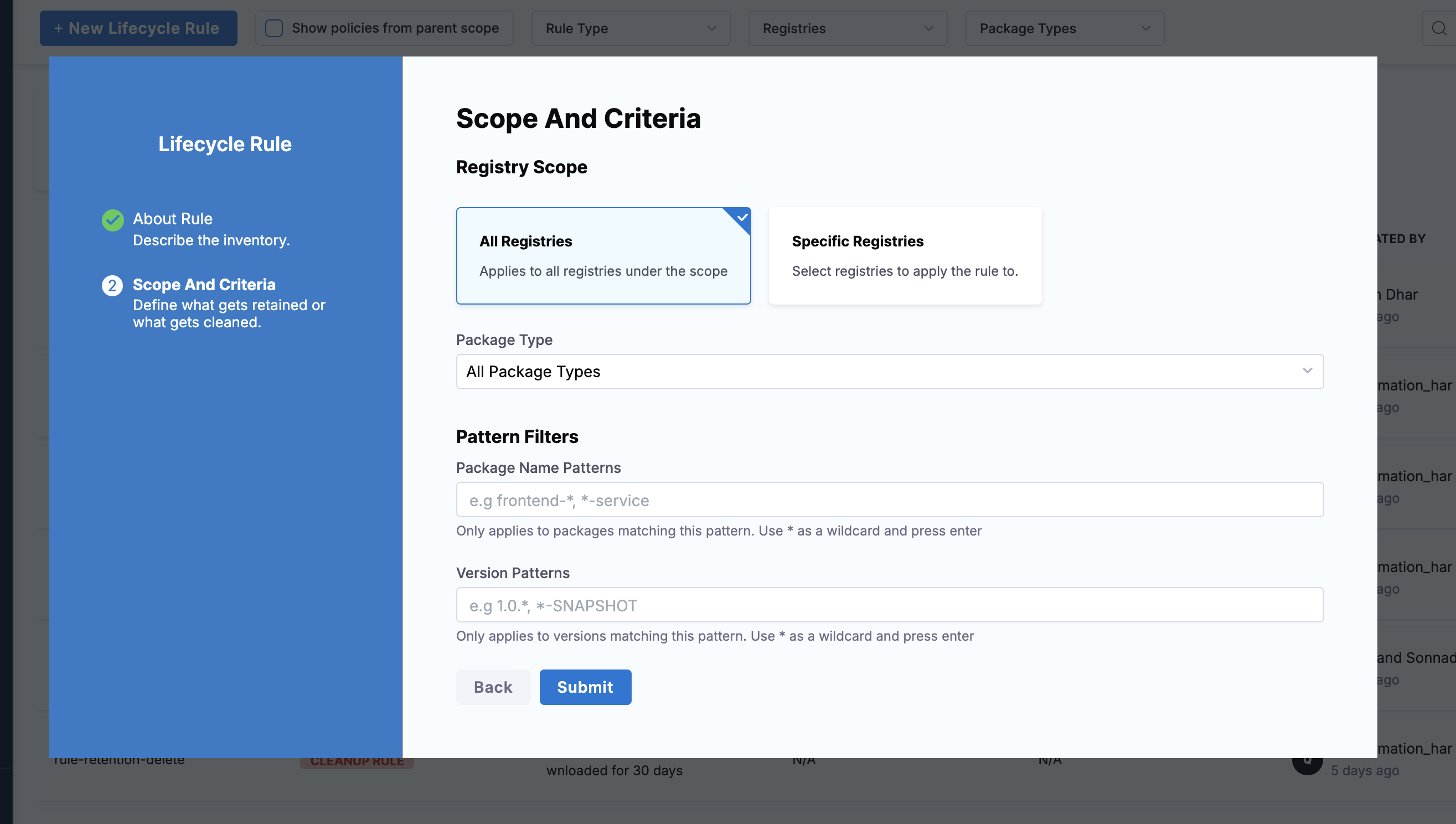 Scope And Criteria step for retention rule showing registry scope and pattern filters without retention criteria