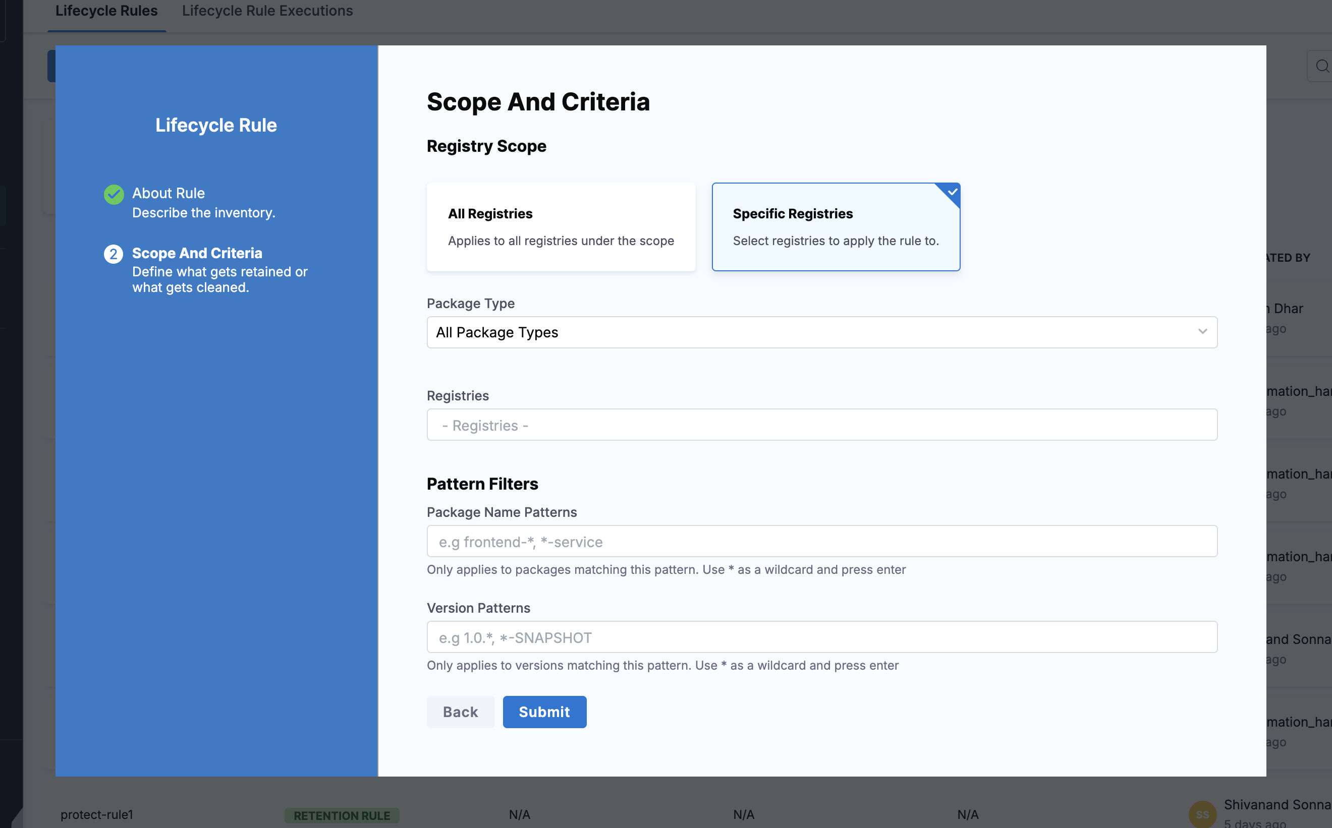 Scope And Criteria step with Specific Registries selected, showing the Registries selection field