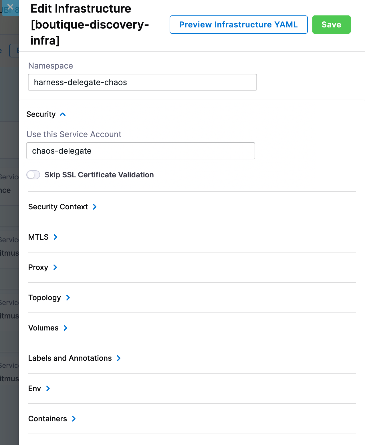 Service account configured on the infrastructure