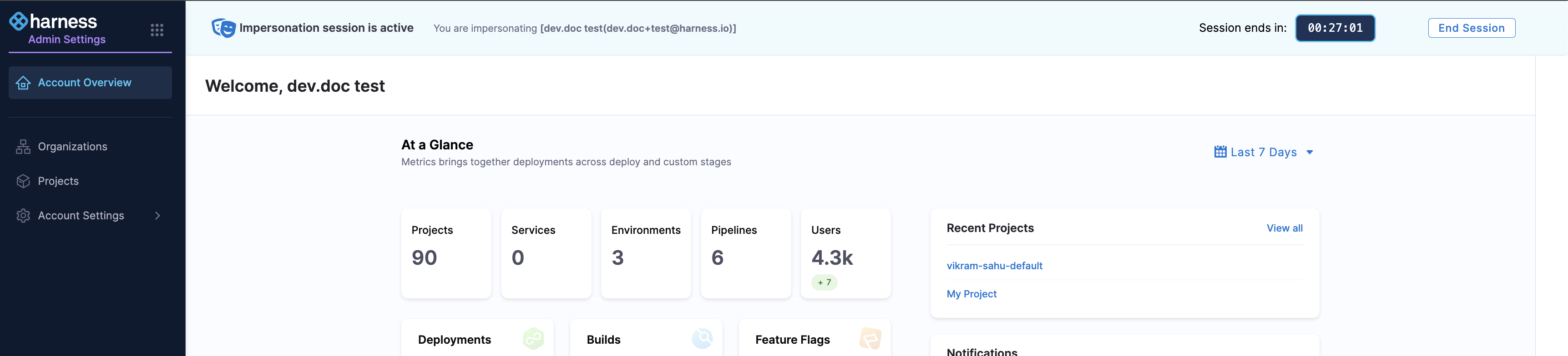 Banner at the top of the Harness UI showing the remaining impersonation session time