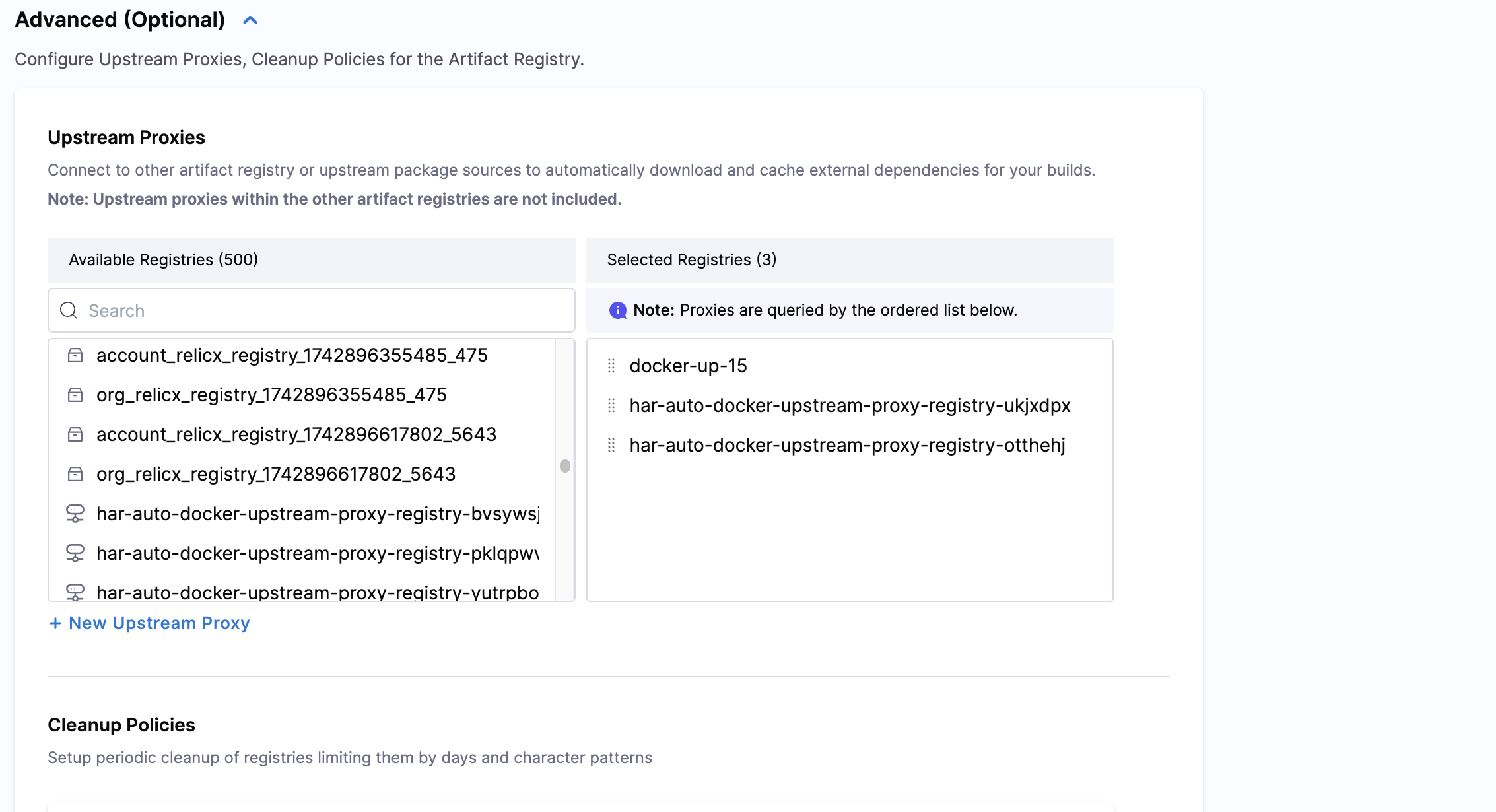 Upstream proxy configuration showing selected proxies in priority order