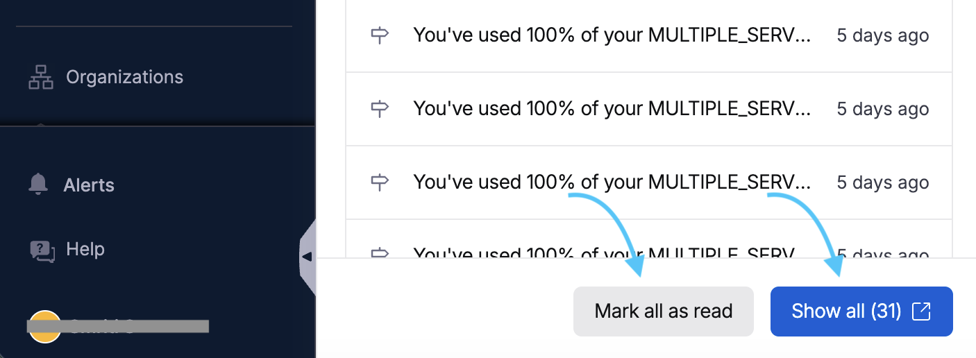 Alerts popover showing unread alerts in the Harness left sidebar