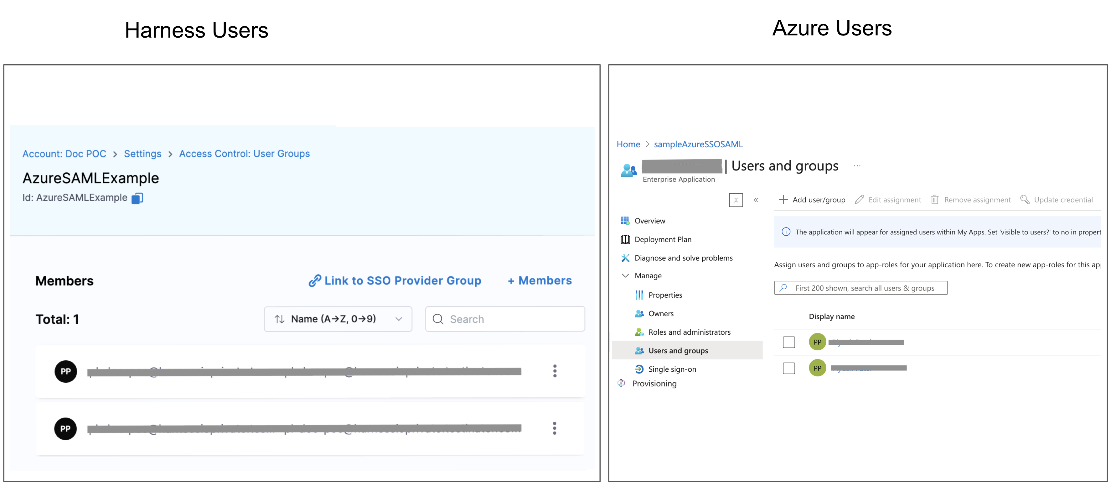 Harness User Group with two users and their corresponding Microsoft Entra ID accounts