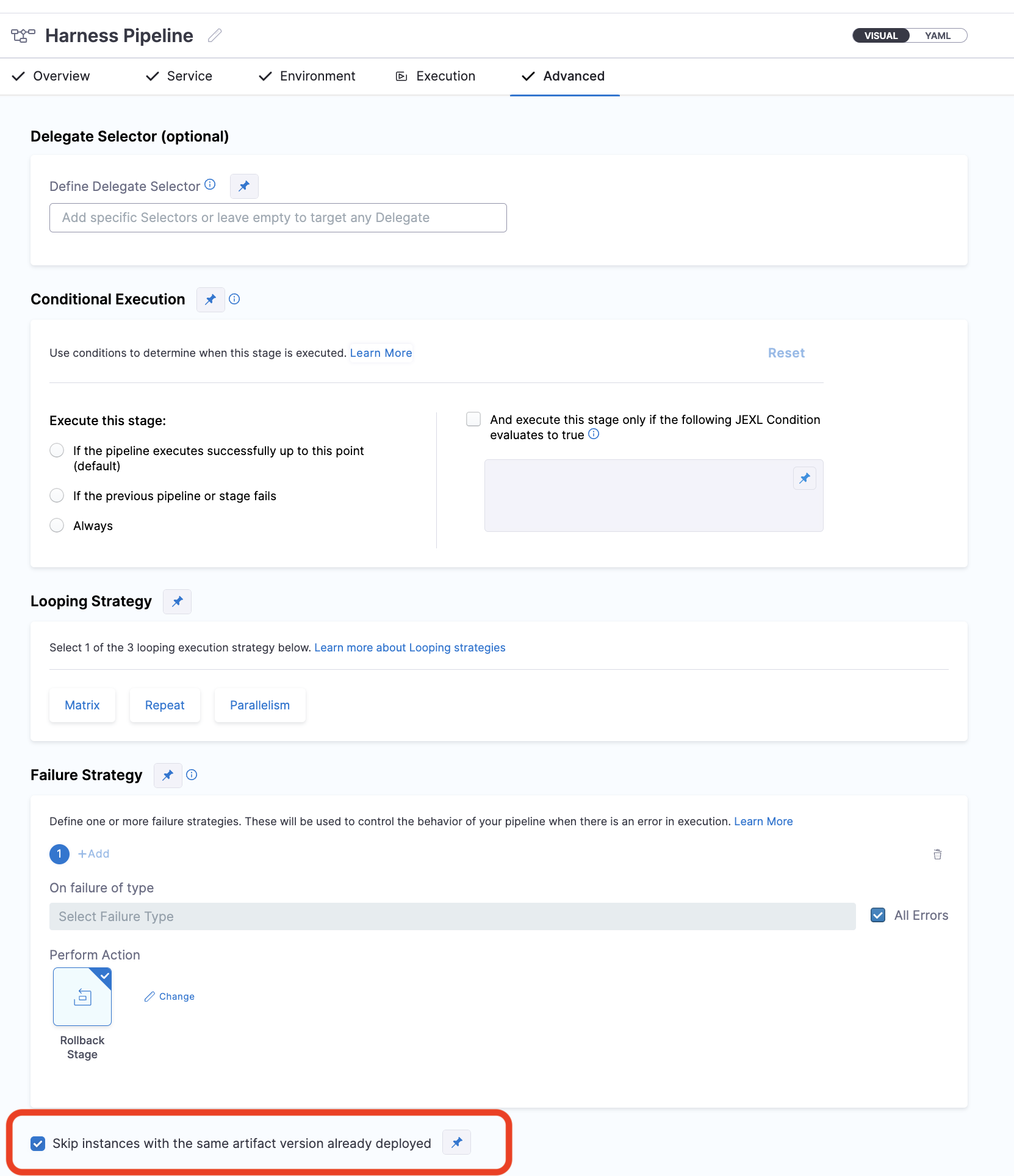 Skip instances with the same artifact version already deployed checkbox