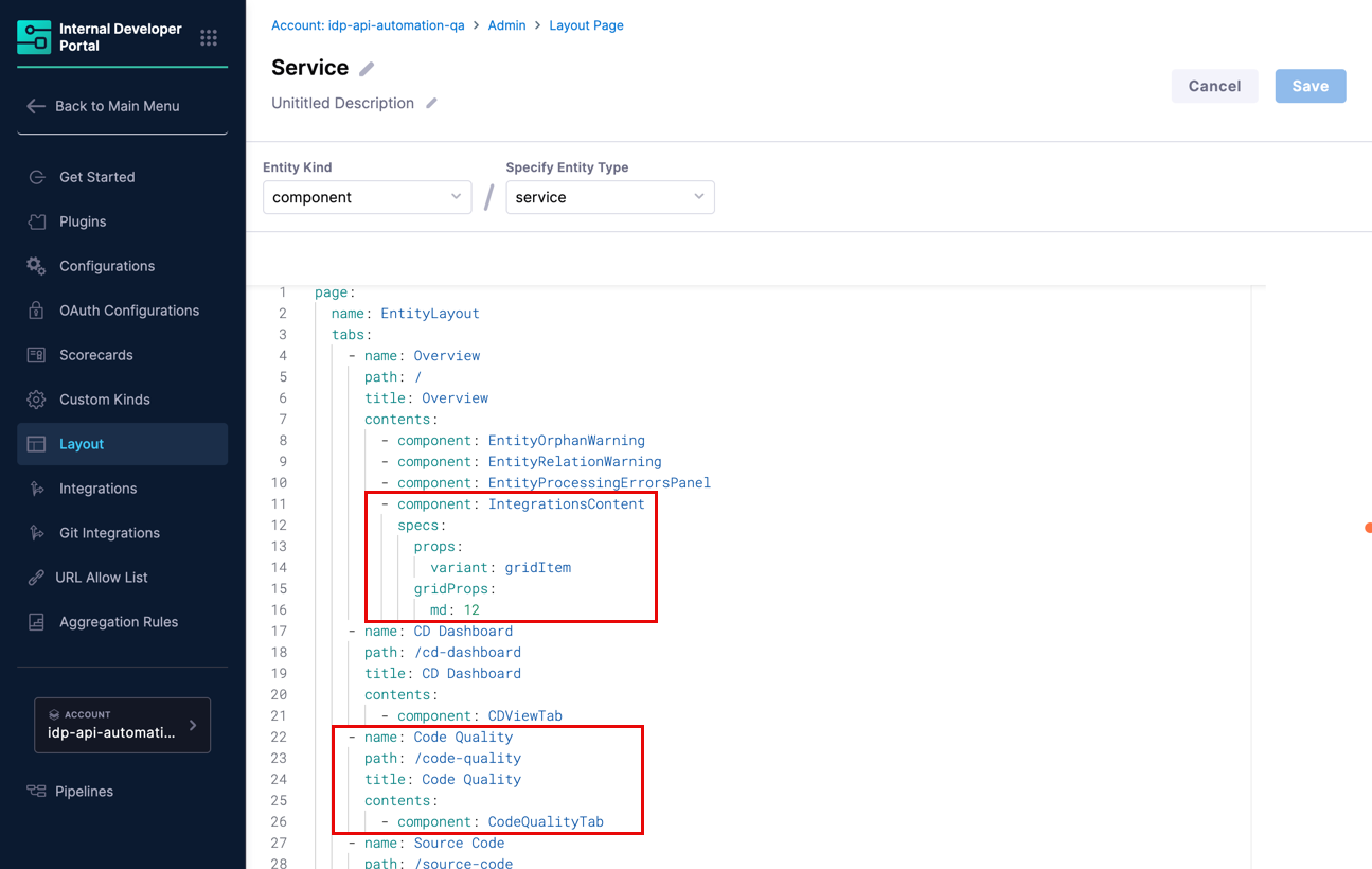Entity Layout configuration for SonarQube components