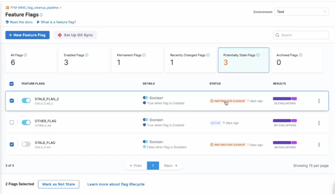 A view of the Harness Feature Flags dashboard with the potentially stale flags filter selected