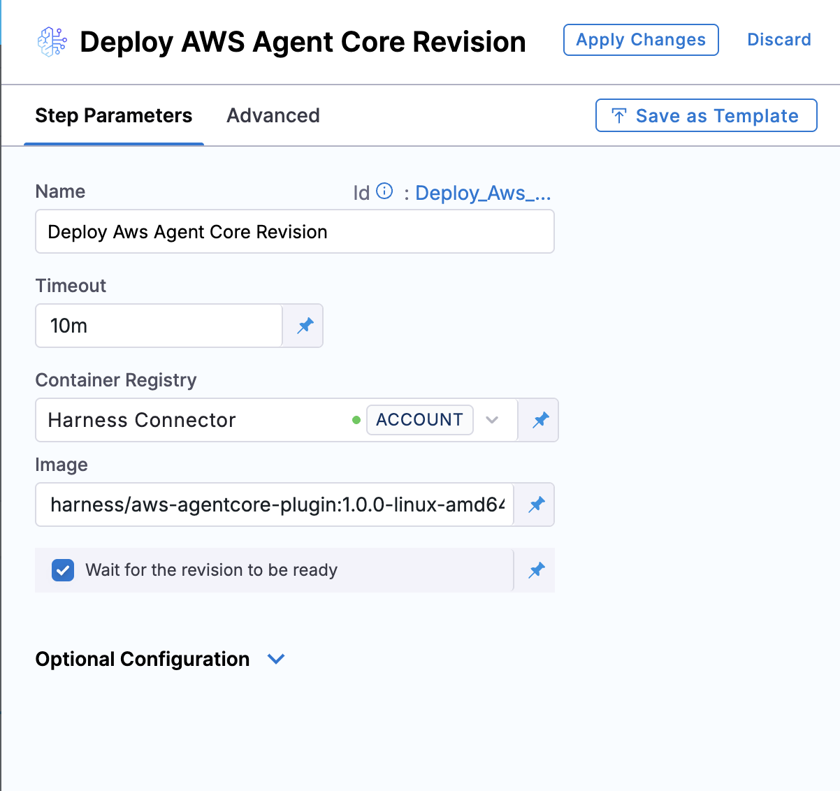 Deploy AWS Agent Core Revision step parameters showing timeout, container registry, image, and wait for revision ready