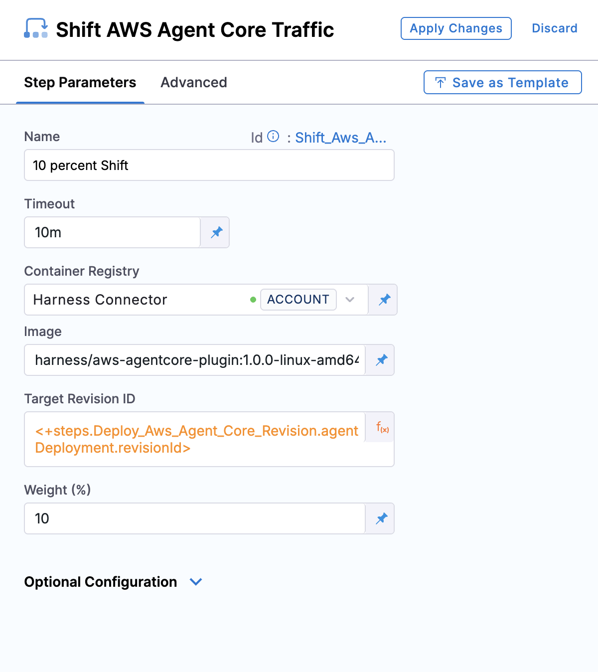 Shift AWS Agent Core Traffic step parameters showing image, target revision ID, and weight