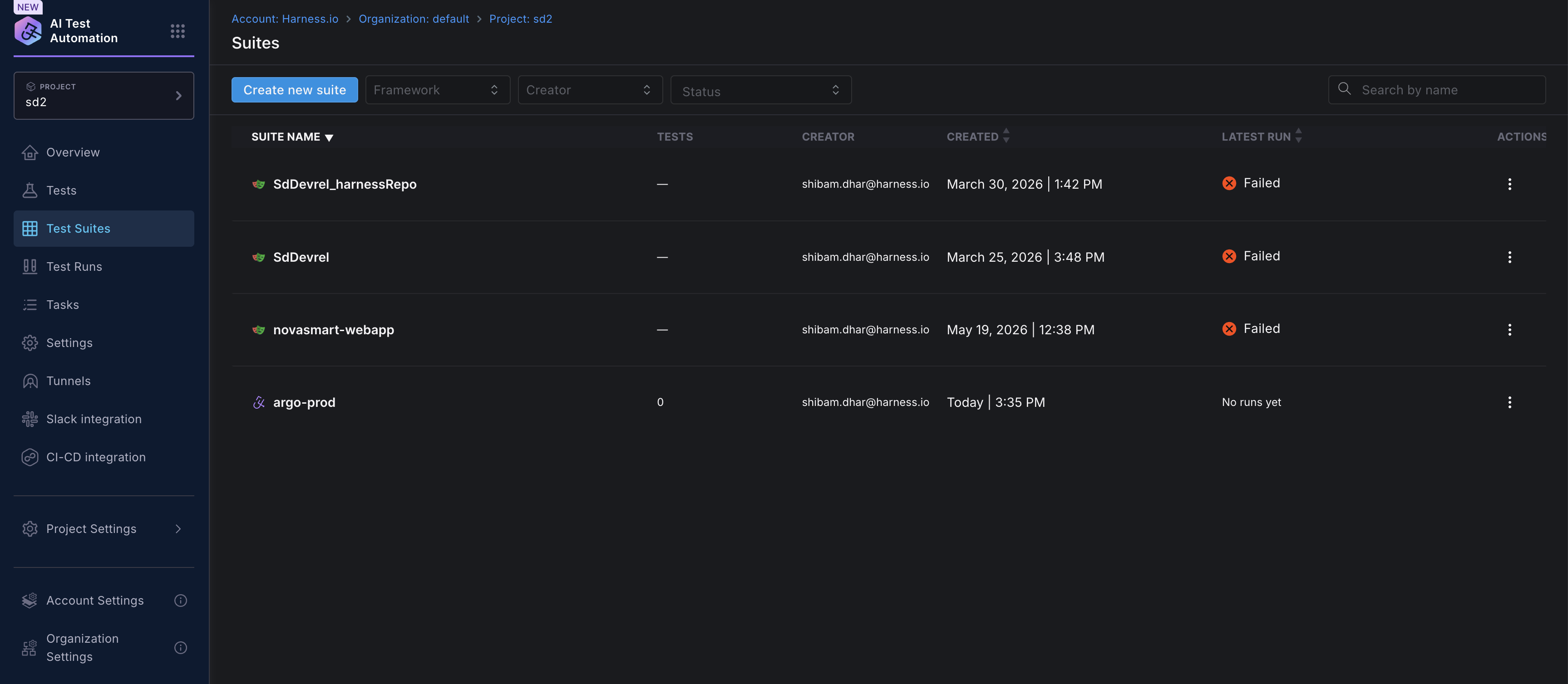 Test Suites list page showing suite names, creators, and latest run status