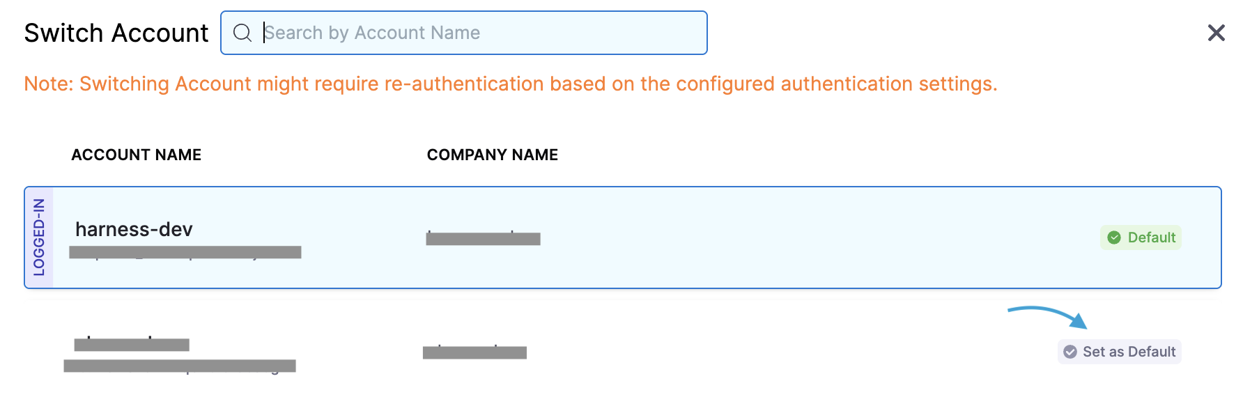 Switch Account dialog listing all accounts the user belongs to