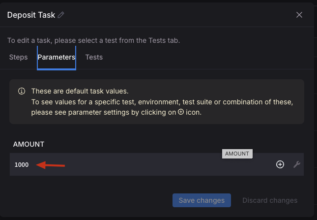 Parameters modal showing how to set the task-level default value