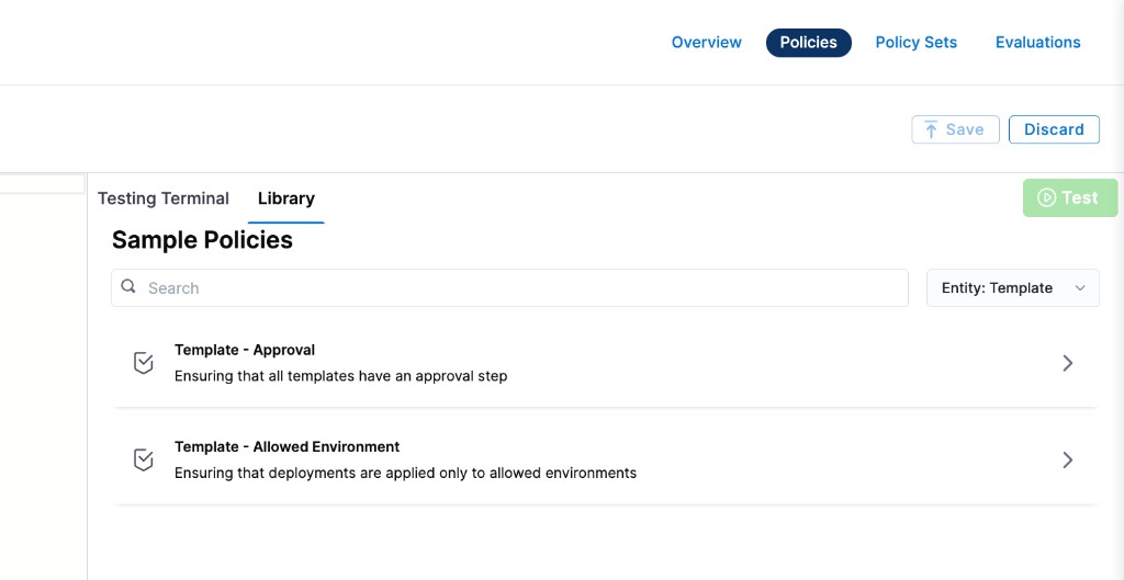 Template sample policies in the Library panel