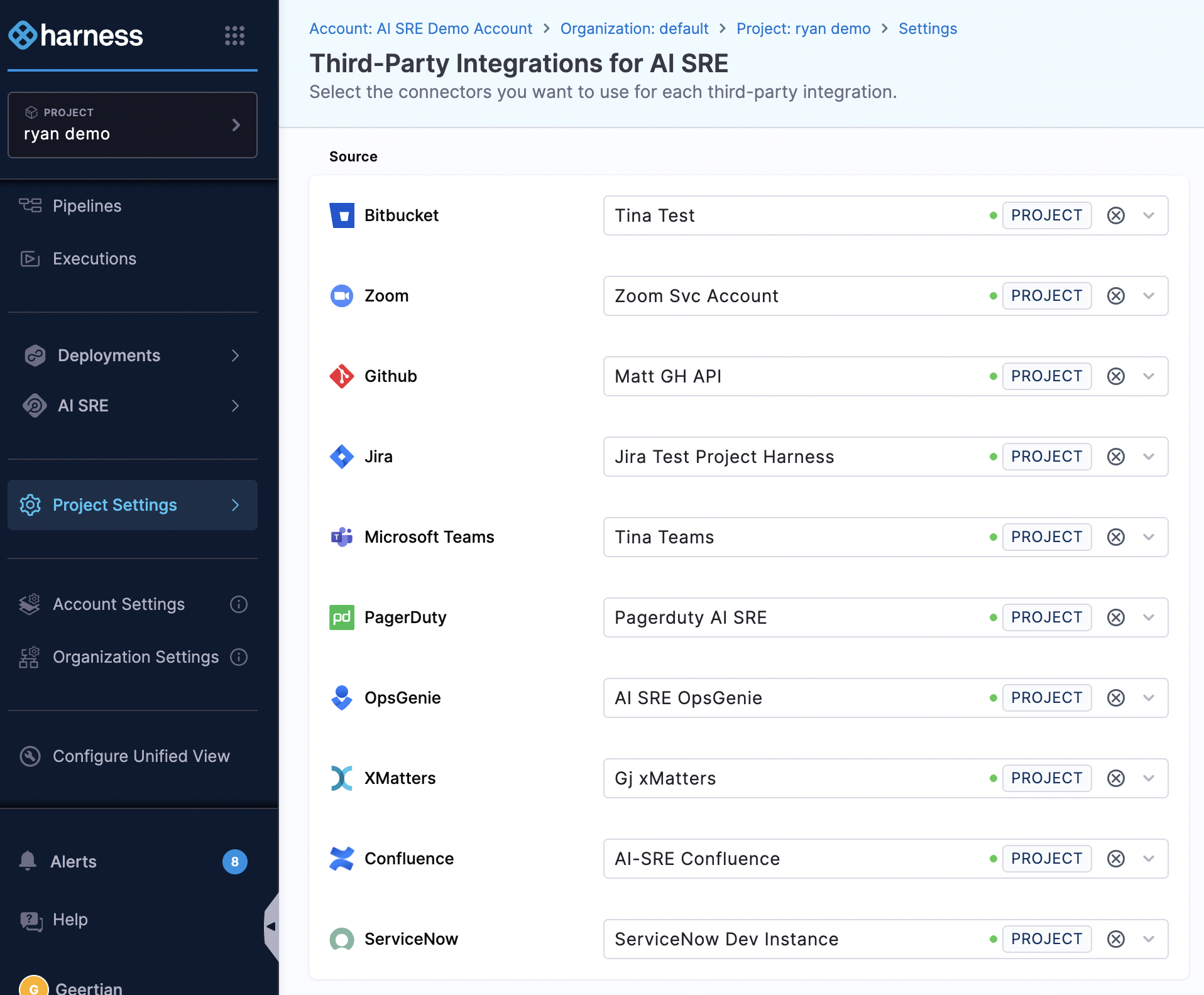 Third-Party Integrations for AI SRE page with a connector selected for each source, including Github