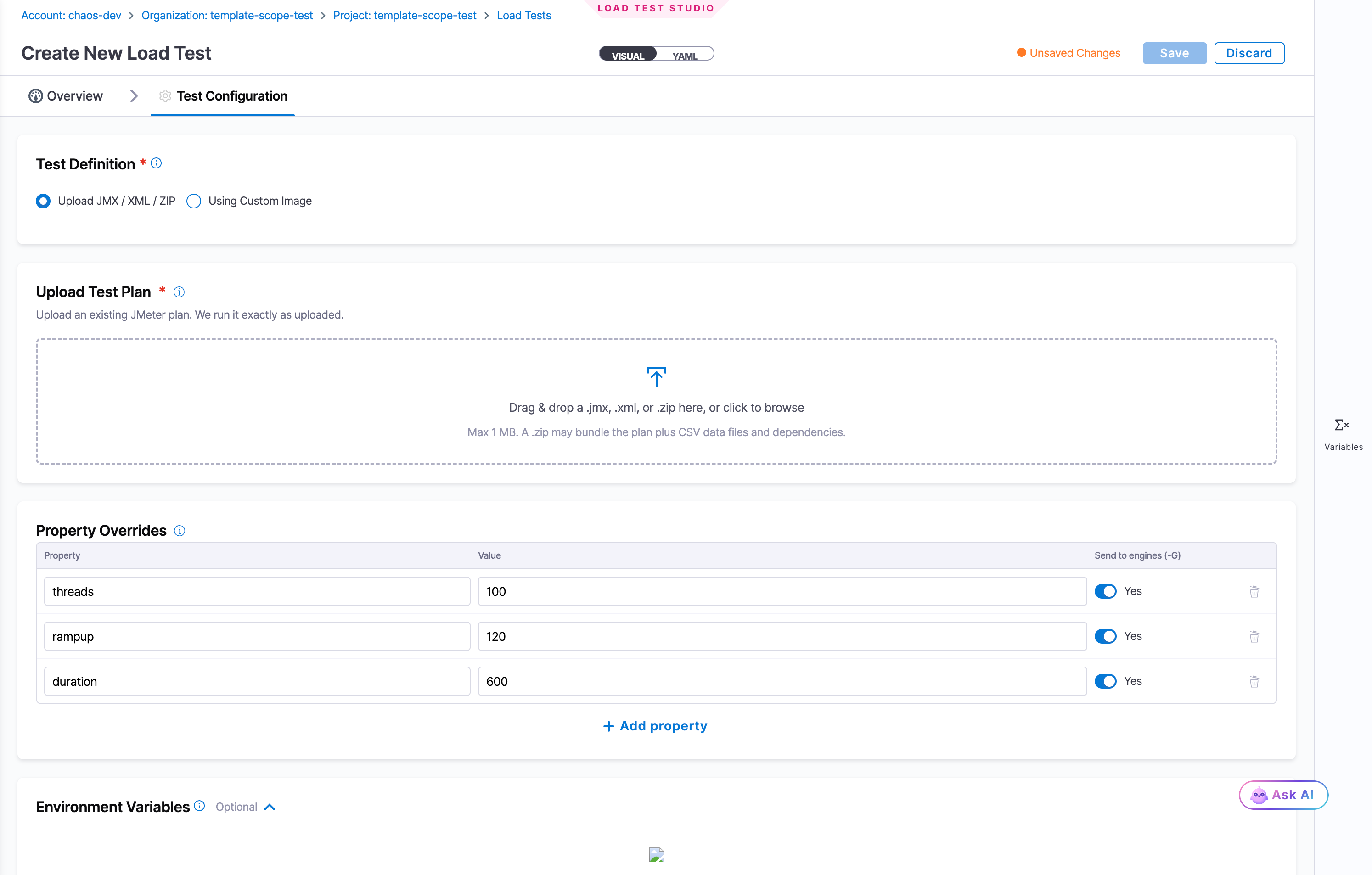 The Test Configuration tab with Upload JMX / XML / ZIP selected, showing the Upload Test Plan drop zone, the Property Overrides table with threads, rampup, and duration rows, and the Environment Variables section