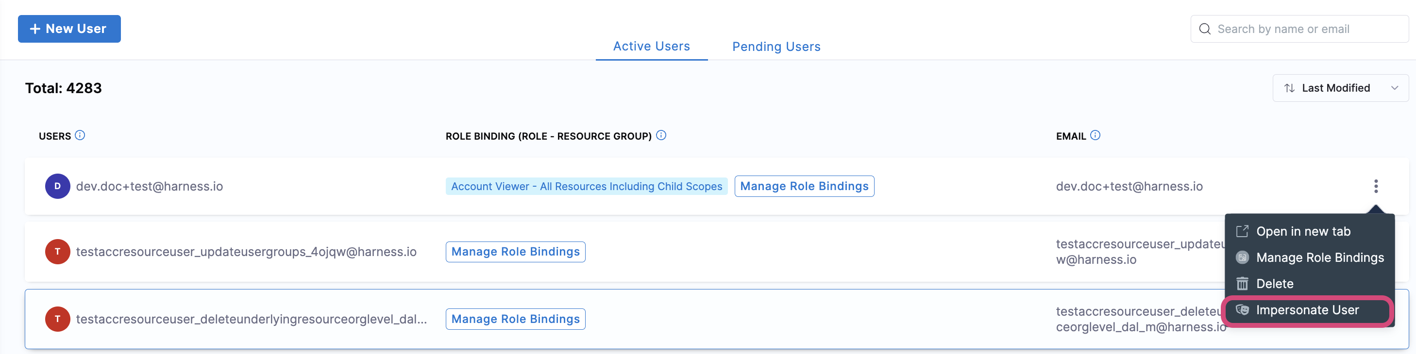 The Users list with the More icon expanded and the Impersonate User option highlighted
