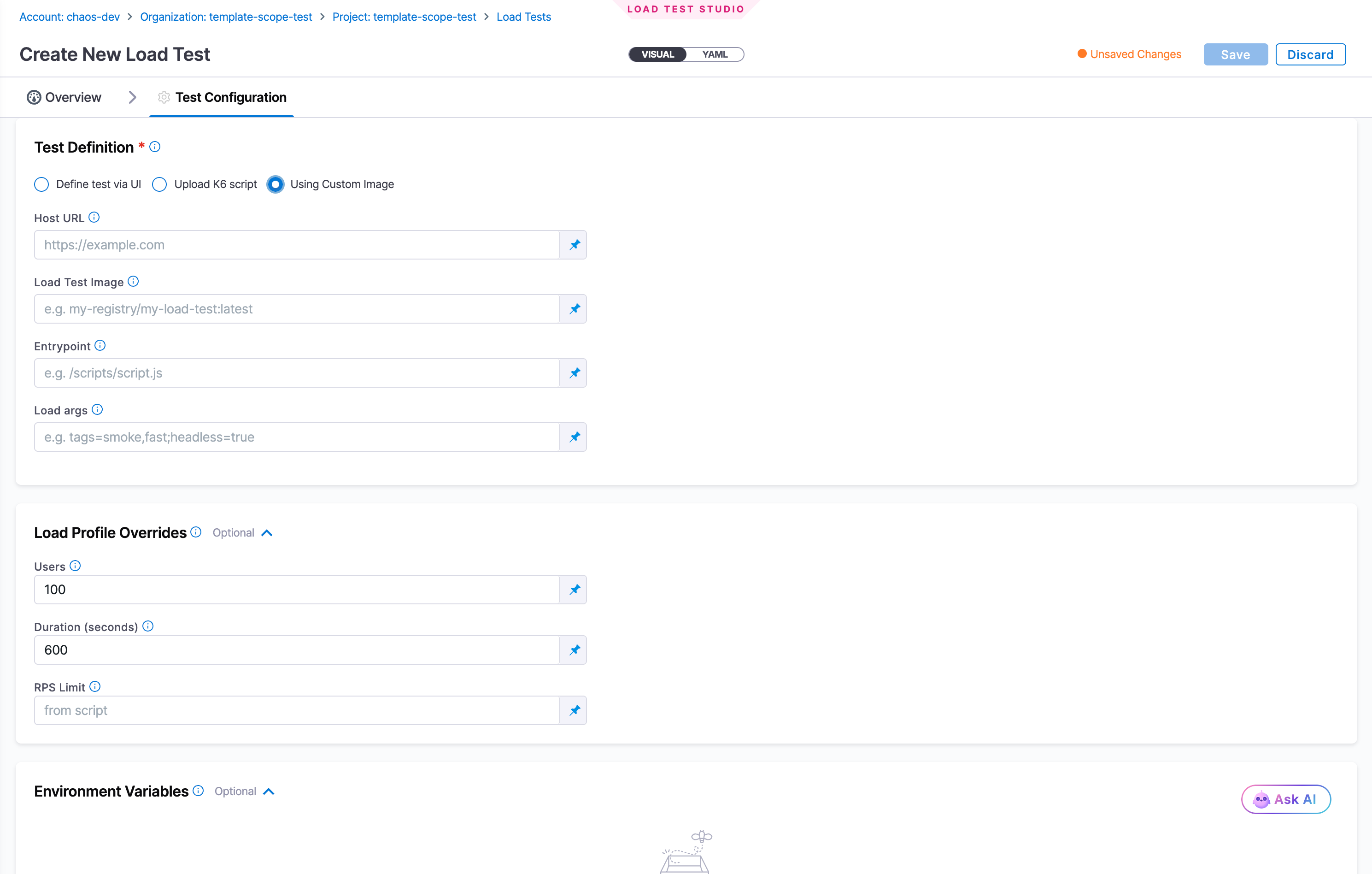 The Test Configuration tab with Using Custom Image selected, showing the Host URL, Load Test Image, Entrypoint, and Load args fields alongside the Load Profile Overrides section