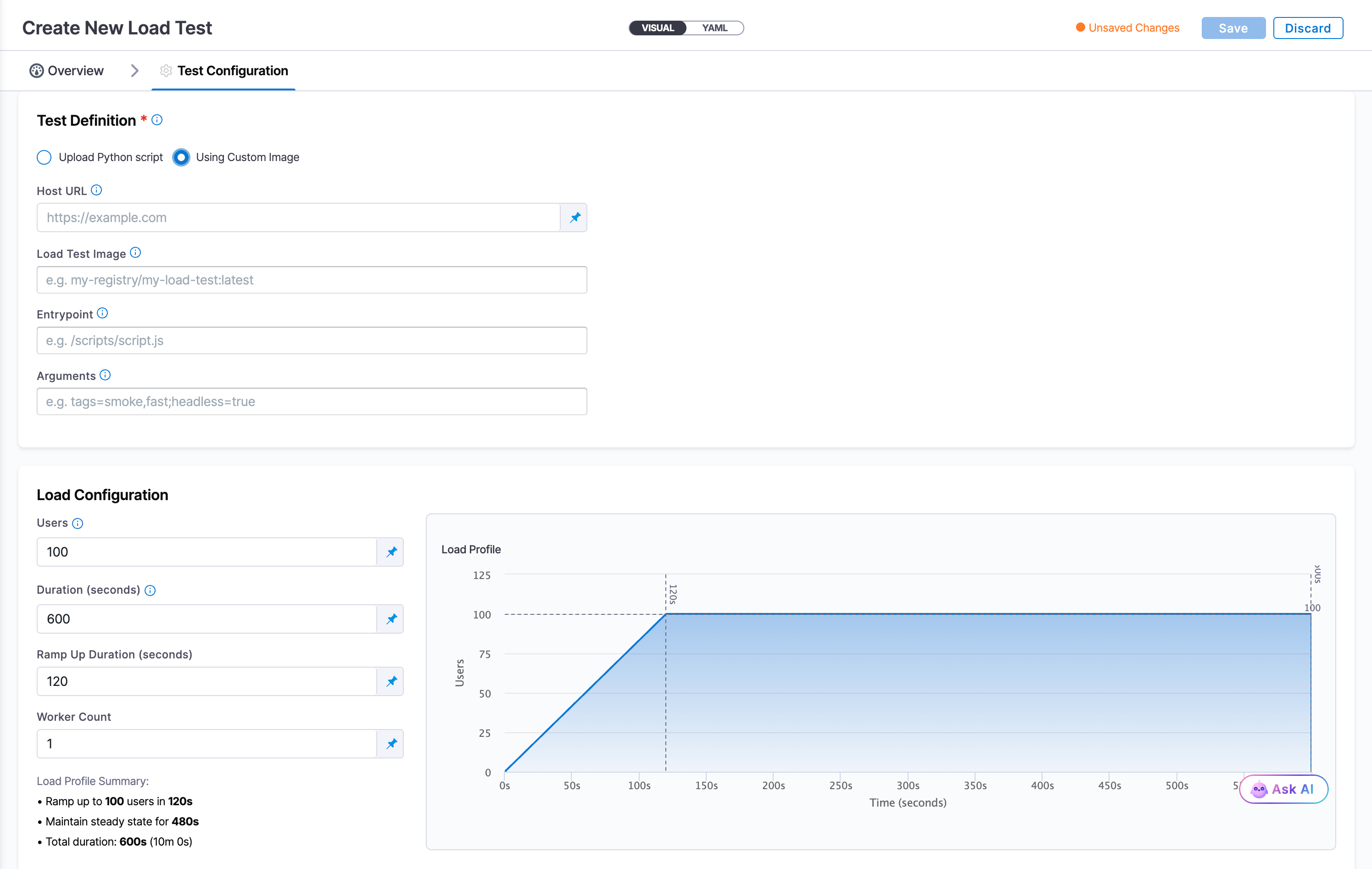 The Test Configuration tab with Using Custom Image selected, showing the Host URL, Load Test Image, Entrypoint, and Arguments fields alongside the Load Configuration and Load Profile graph