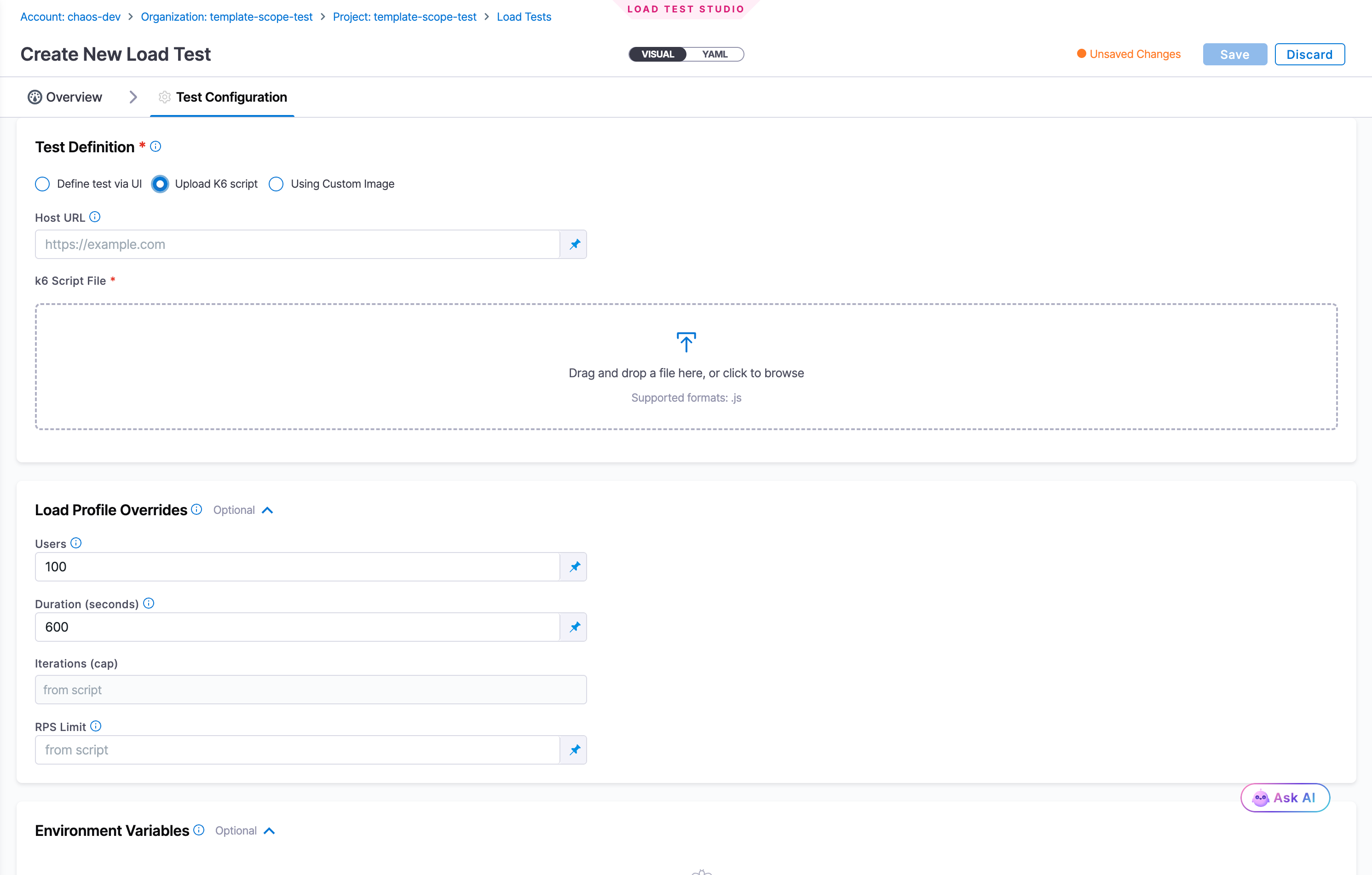 The Test Configuration tab with Upload K6 script selected, showing the Host URL and k6 Script File upload fields, the Load Profile Overrides, and Environment Variables sections