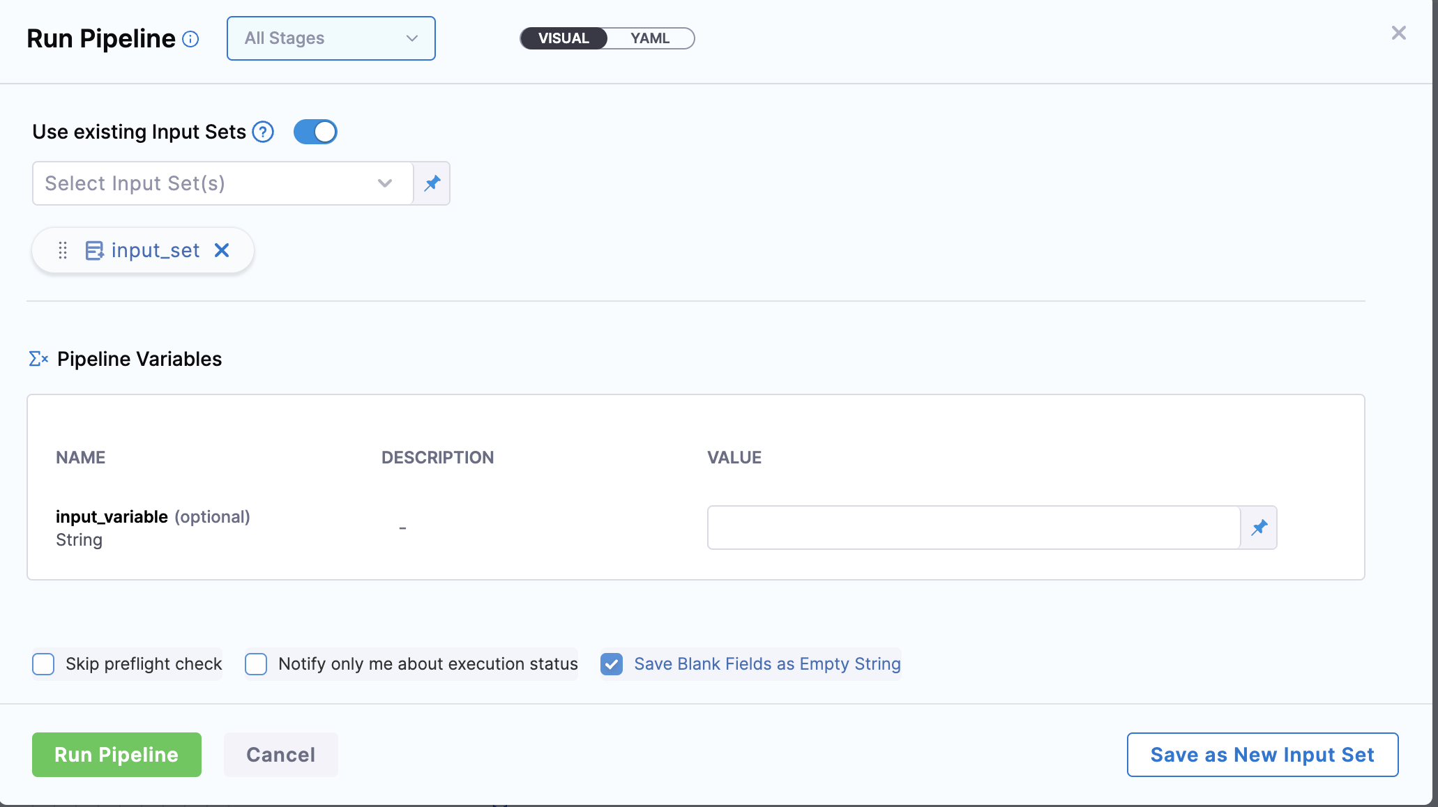 Input set with the Save Blank Fields as Empty String checkbox enabled