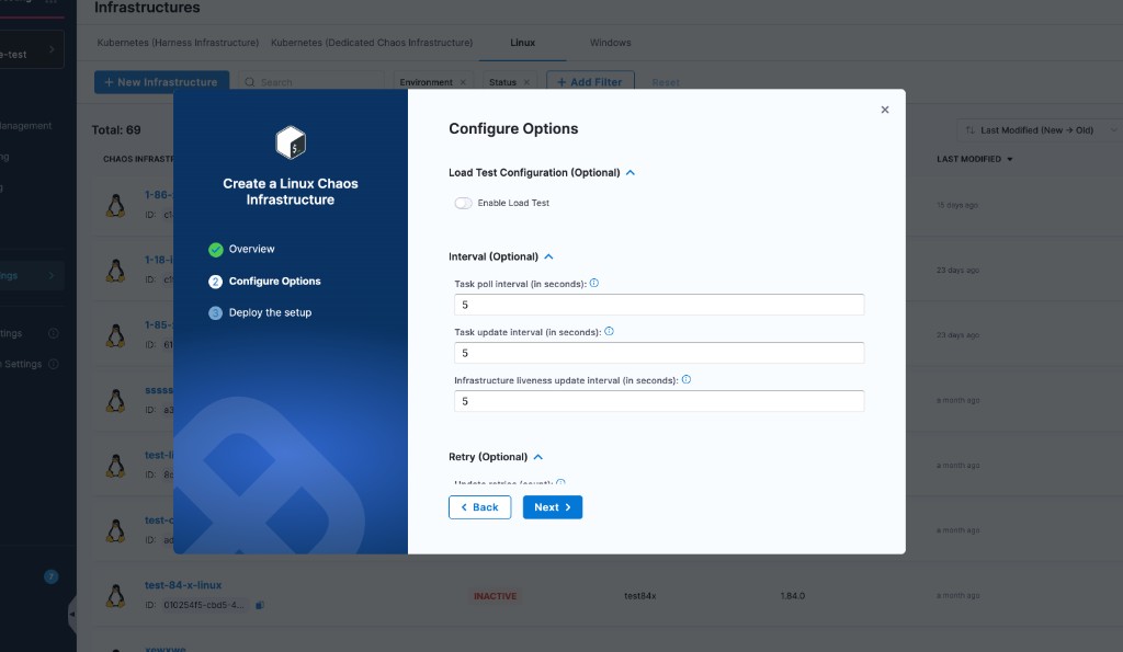 Linux infrastructure wizard: Configure Options